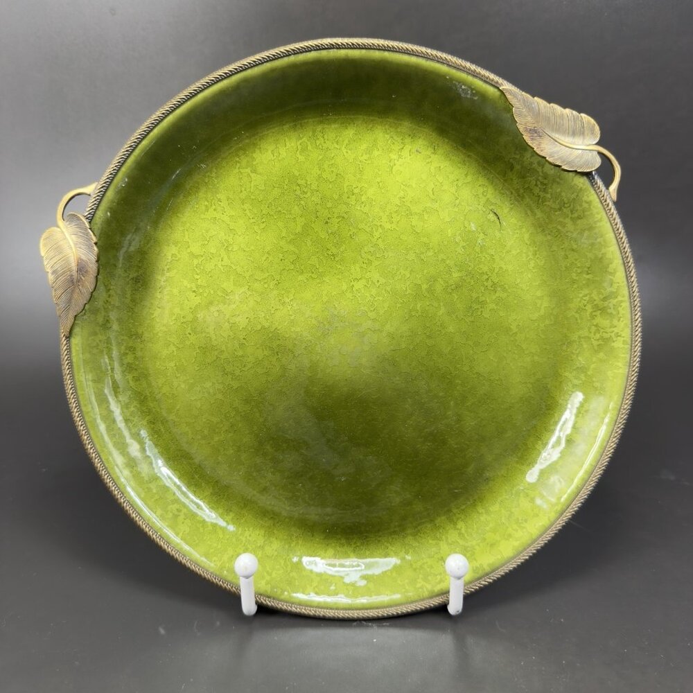 Evans Hand Enameled Copper Metal‎ Green Dish Brass Trim Leaves 8inch Plate Dish